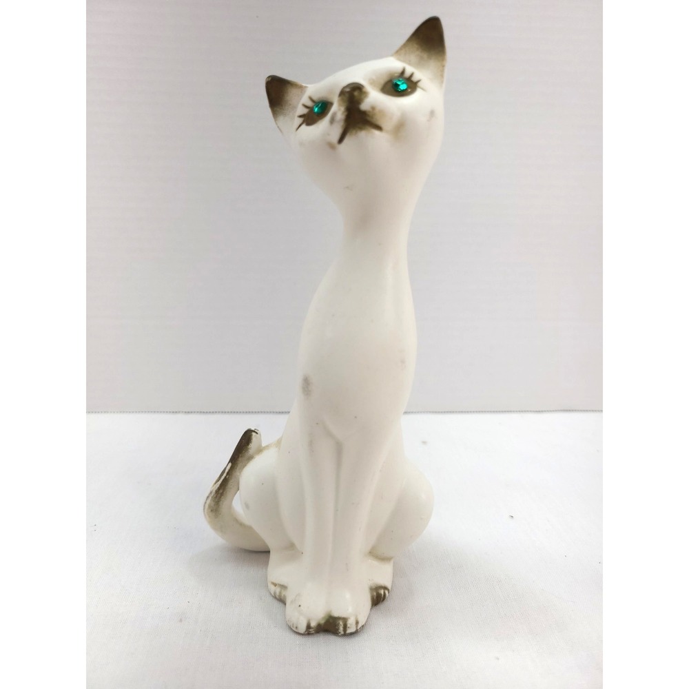 Vtg Norleans Japan MCM Loving Siamese Cat Green Rhinestone Eyes 7" T